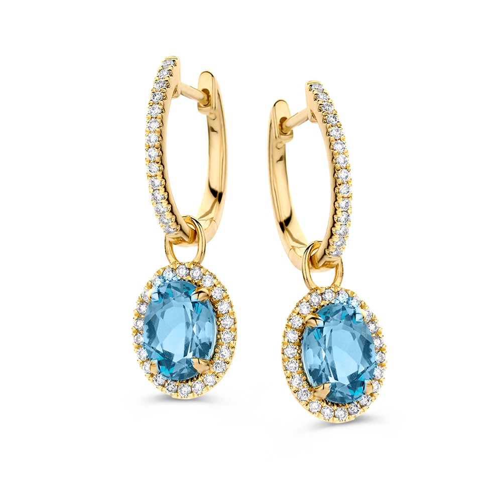 Oorringen geelgoud london blue topaas + briljant