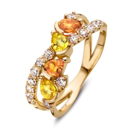 Ring 18krt geelgoud briljant + saffier geel/oranje